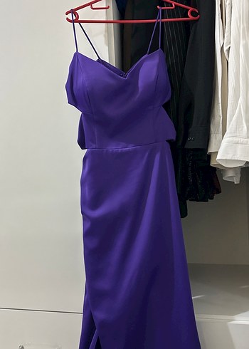 Mor Uzun Drapeli V Yakalı Abiye Elbise - Görsel 2