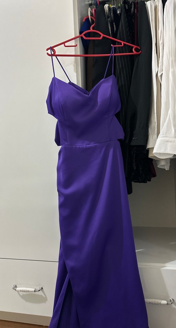 Mor Uzun Drapeli V Yakalı Abiye Elbise - Görsel 2