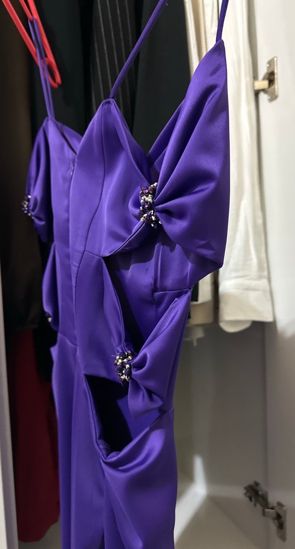 Mor Uzun Drapeli V Yakalı Abiye Elbise - Görsel 3