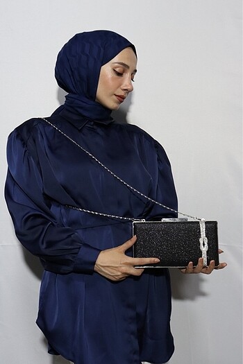 Kadın Siyah Simli Gümüş Şeritli Abiye Çanta - Görsel 5