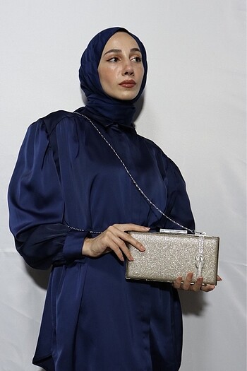 Kadın platin Simli Gümüş Şerit Detaylı Abiye Çanta - Görsel 5