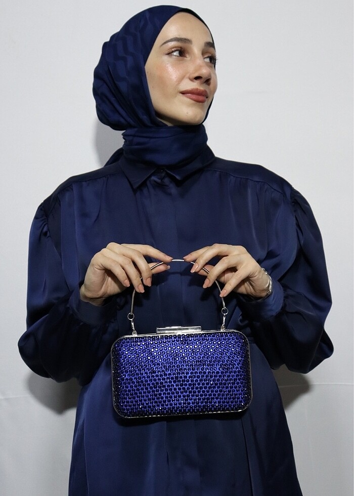 Kadın Saks Mavisi Boncuklu Abiye Çanta - Görsel 2
