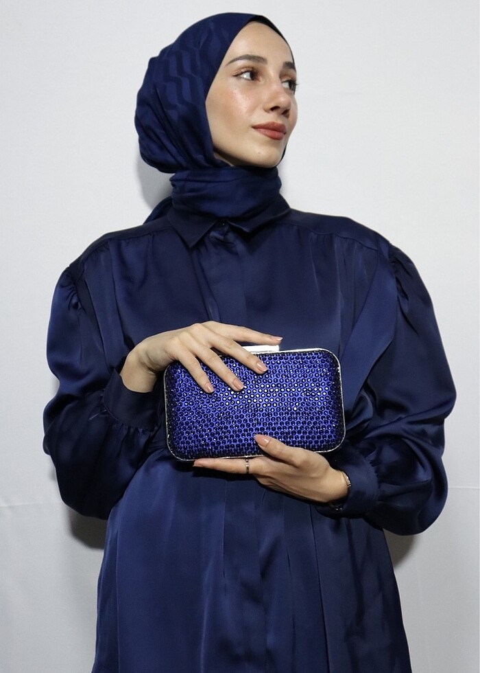 Kadın Saks Mavisi Boncuklu Abiye Çanta - Görsel 4