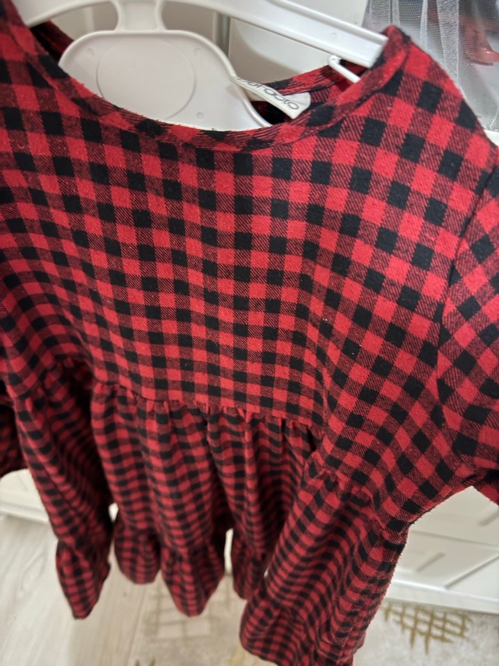 Kız Çocuk Kırmızı Kareli Uzun Kollu Elbise - Görsel 3