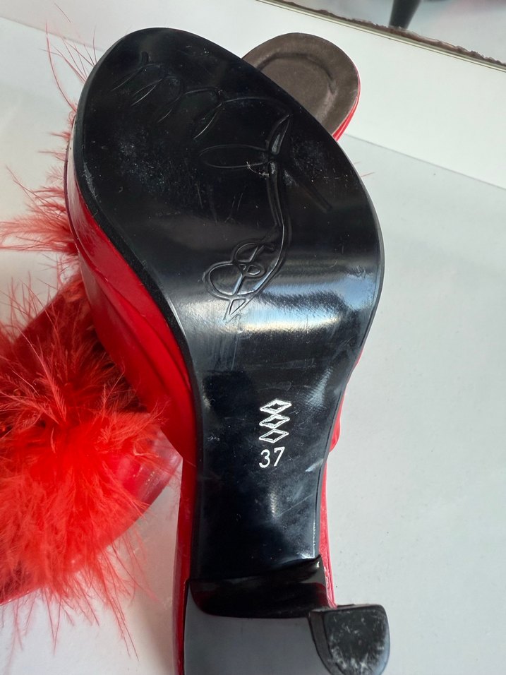 Kırmızı Tüylü Yüksek Topuklu Kadın Terlik - Görsel 2