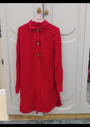 Düğmeli Kırmızı Süet Midi Kadın Gömlek - Görsel 2