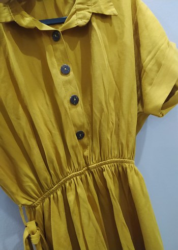 Düğmeli Sarı Midi Rahat Elbise - Görsel 3
