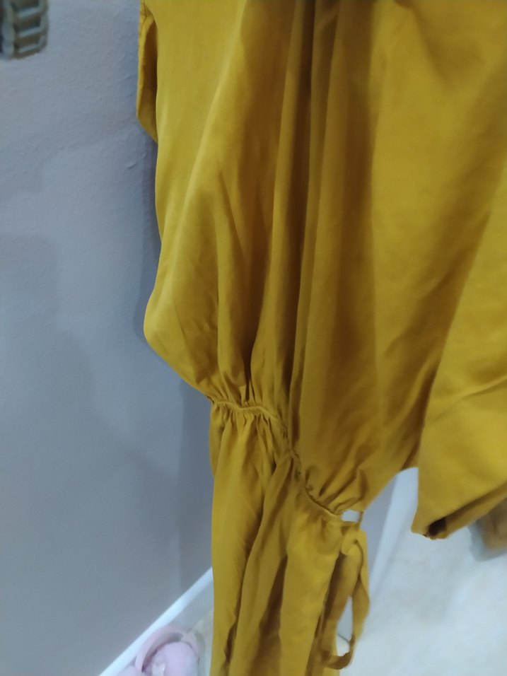 Düğmeli Sarı Midi Rahat Elbise - Görsel 5