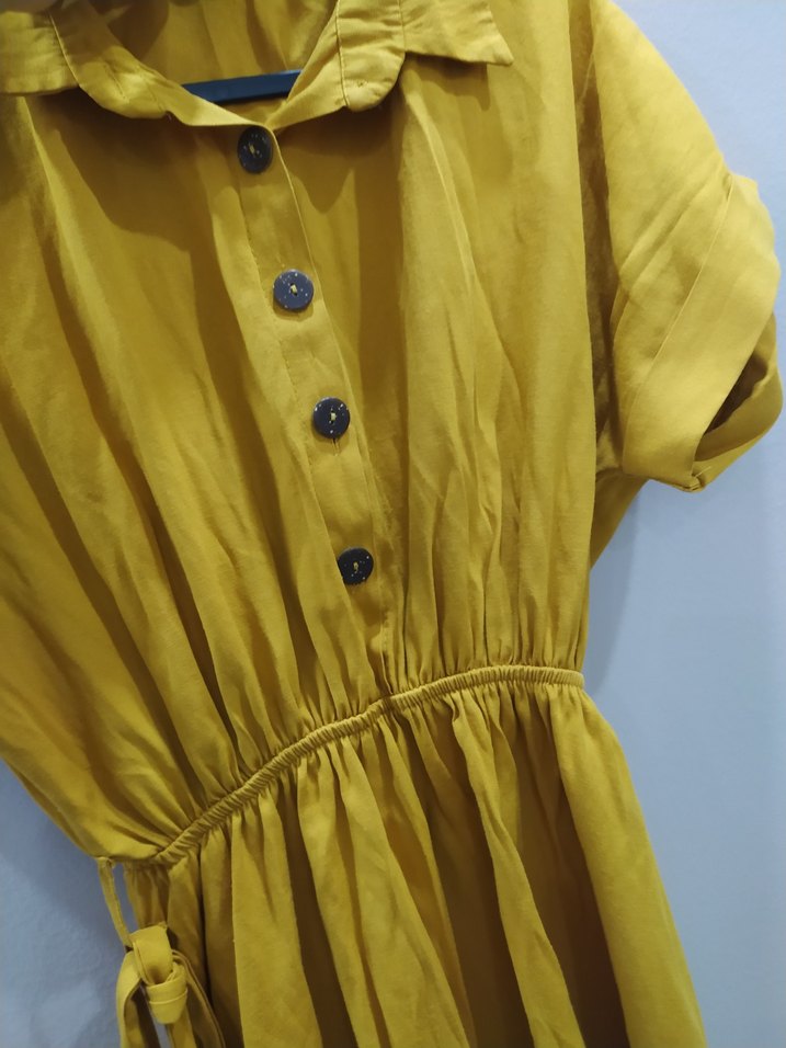 Düğmeli Sarı Midi Rahat Elbise - Görsel 3