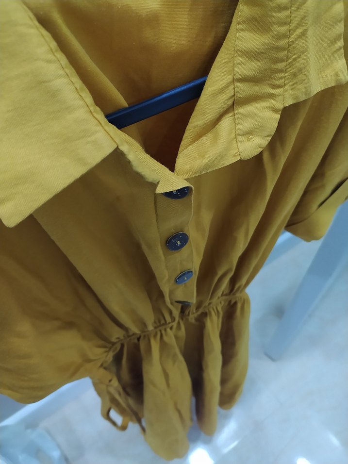 Düğmeli Sarı Midi Rahat Elbise - Görsel 4