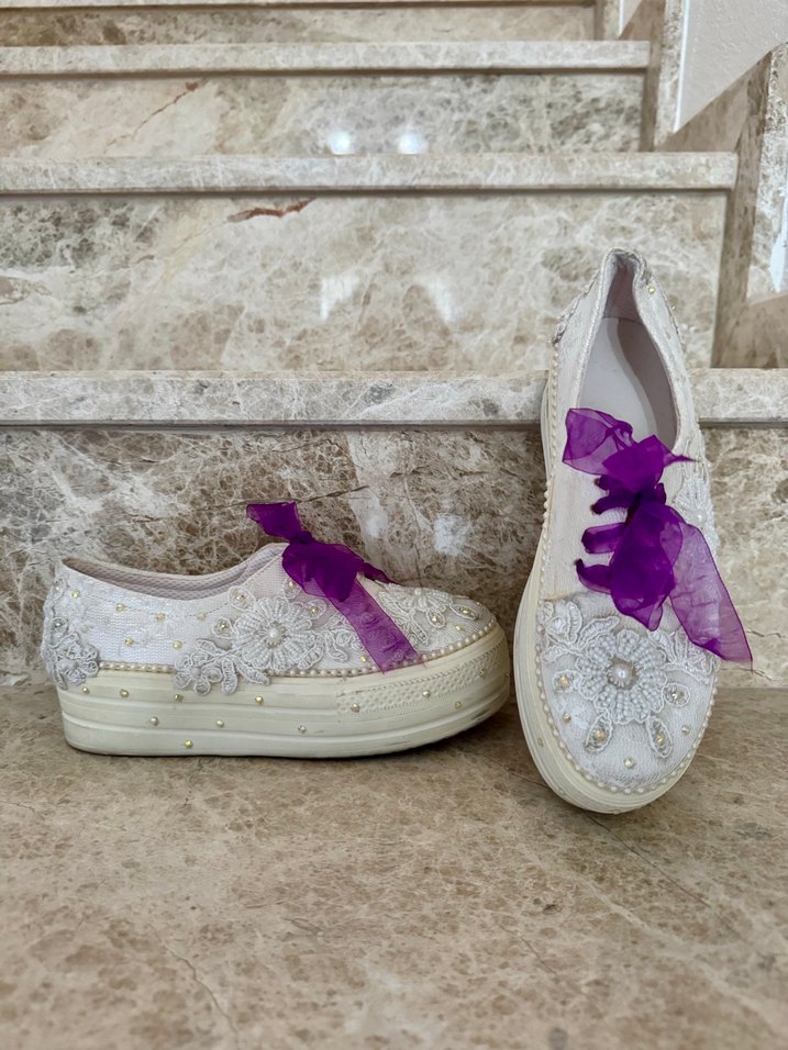 Mor Bağcıklı Nakışlı Bohem Kadın Spor Ayakkabı - Görsel 2