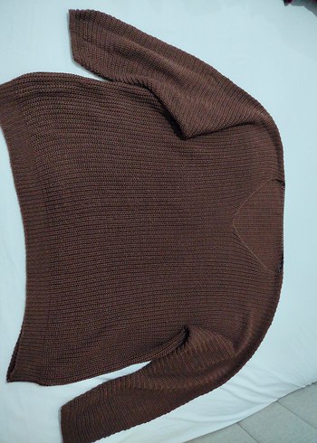 Kahverengi V yaka Oversize Triko Kadın Kazak - Görsel 2