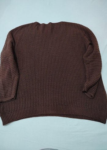 Kahverengi V yaka Oversize Triko Kadın Kazak - Görsel 3