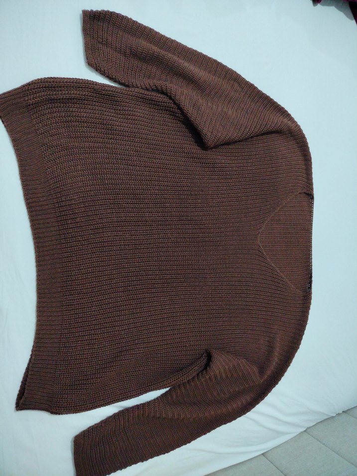 Kahverengi V yaka Oversize Triko Kadın Kazak - Görsel 2