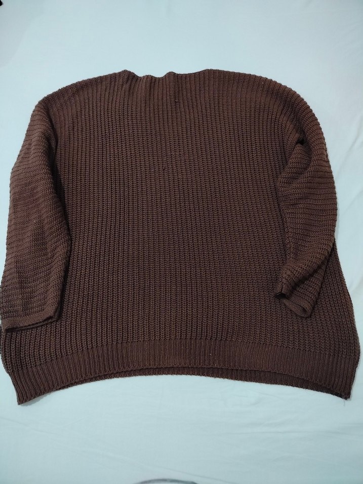 Kahverengi V yaka Oversize Triko Kadın Kazak - Görsel 3