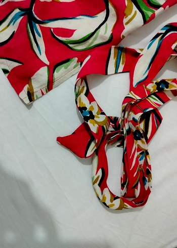 Fuşya Pembe çiçek Desenli  Kimonolu Keten Takım - Görsel 2