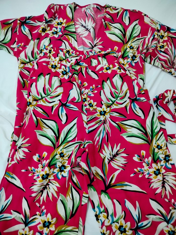 Fuşya Pembe çiçek Desenli  Kimonolu Keten Takım - Görsel 3