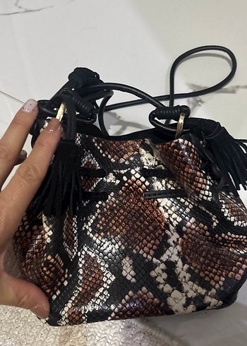 Bohem Tarzı Kahverengi Yılan Derisi Desenli Deri Çanta - Görsel 2