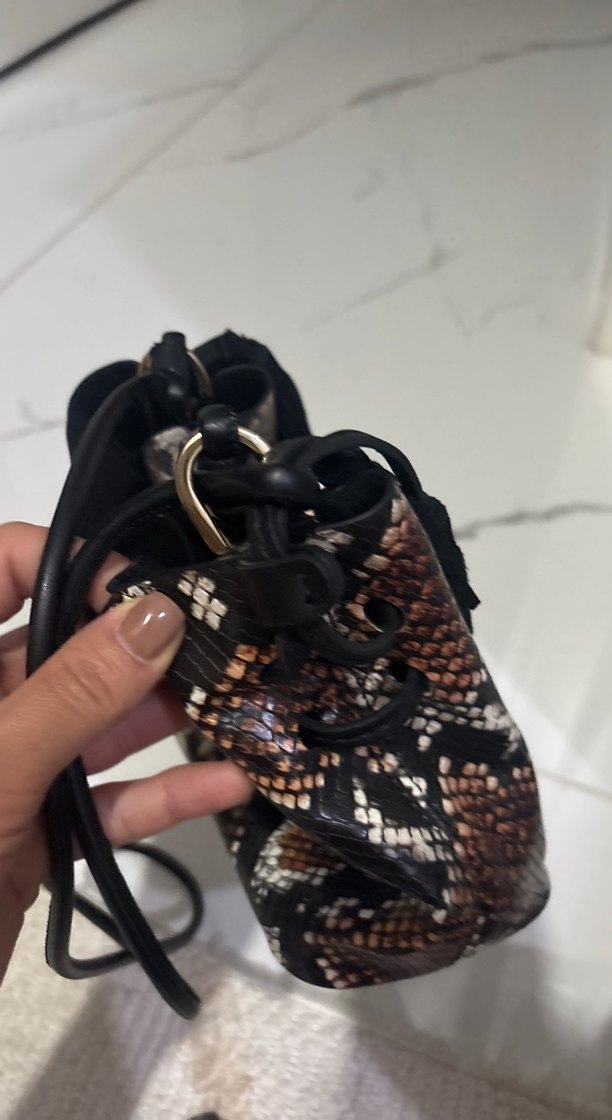 Bohem Tarzı Kahverengi Yılan Derisi Desenli Deri Çanta - Görsel 4