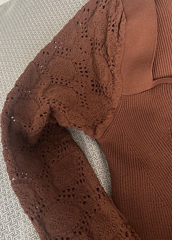 Kahverengi V Yakalı Bohem Triko Kazak - Görsel 3