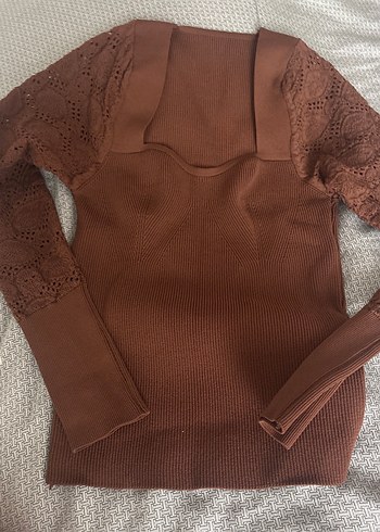 Kahverengi V Yakalı Bohem Triko Kazak - Görsel 2