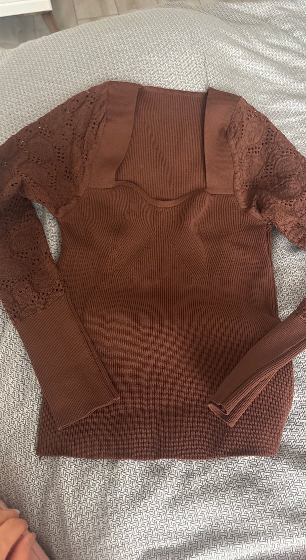 Kahverengi V Yakalı Bohem Triko Kazak - Görsel 2