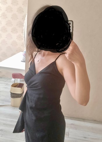 Siyah V Yaka Drapeli Midi Elbise - Görsel 2