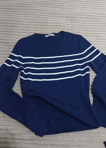 Mavi Beyaz Çizgili Kadın Örgü Kazak - Görsel 2