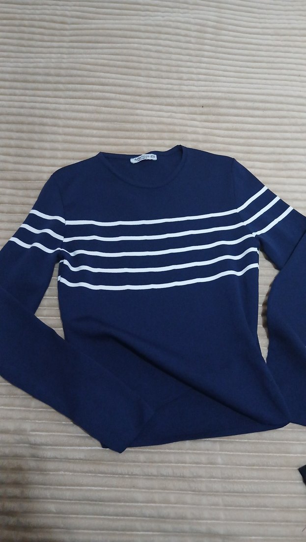 Mavi Beyaz Çizgili Kadın Örgü Kazak - Görsel 2