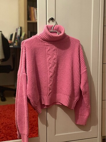 Pembe Boğazlı Örgü Kazak