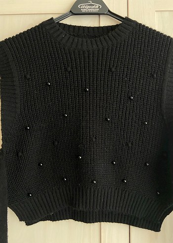 Nakışlı Siyah Kısa Triko Süveter - Görsel 2