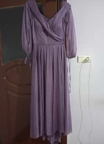 Simli tül elbise yırtmaç detaylı  - Görsel 5