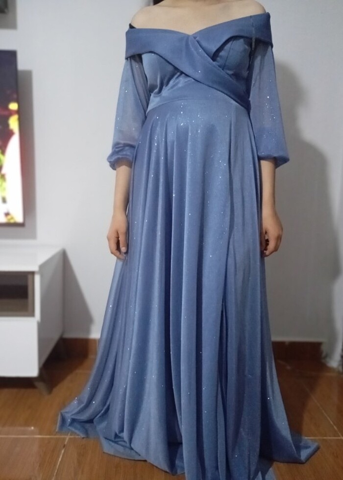 Simli tül elbise yırtmaç detaylı  - Görsel 4