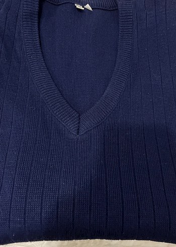 Mavi V Yaka Örgü Oversize Kadın Süveter - Görsel 4