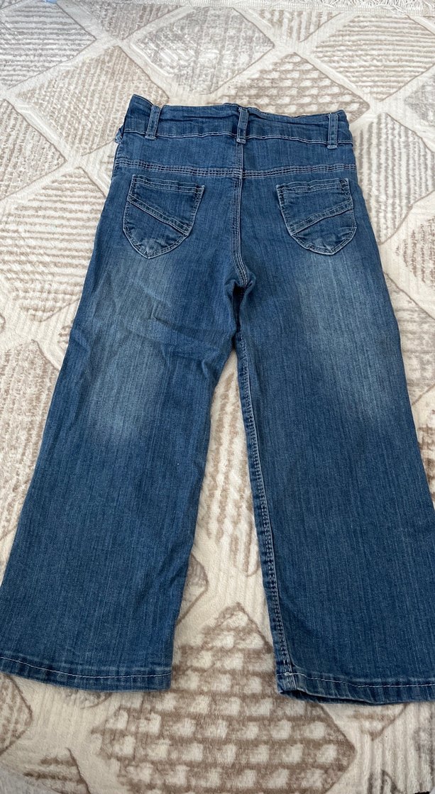 7 8 yaş kız çocuk Mavi Kemerli Salaş Midi Kot Pantolon - Görsel 3