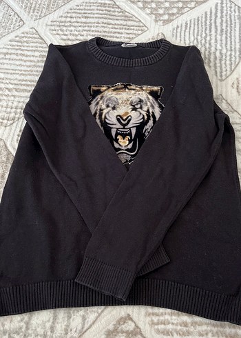 Siyah Erkek Çocuk Tüylü Kaplan Detaylı Kazak - Görsel 2