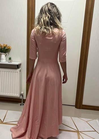 Pembe V Yaka Uzun Drapeli Kadın Elbise