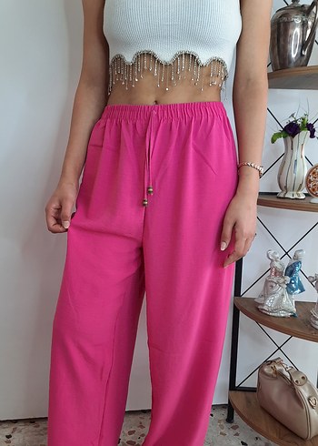 universal Beden Pembe Midi Salaş Kadın muslin keten Pantolon