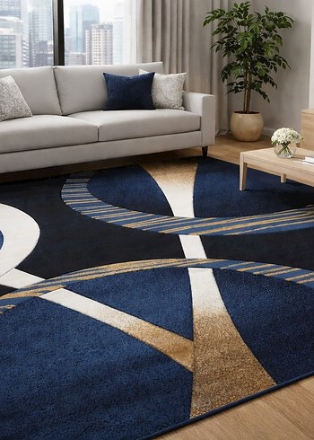 Soyut Desenli Koyu Mavi Modern Halı - Görsel 3