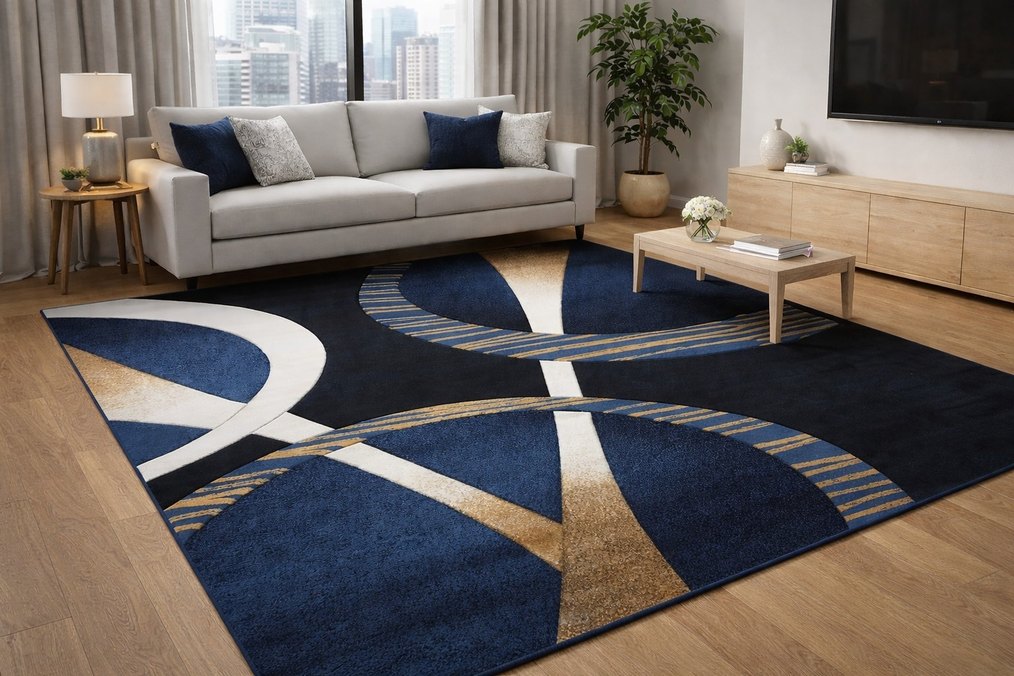 Soyut Desenli Koyu Mavi Modern Halı - Görsel 3