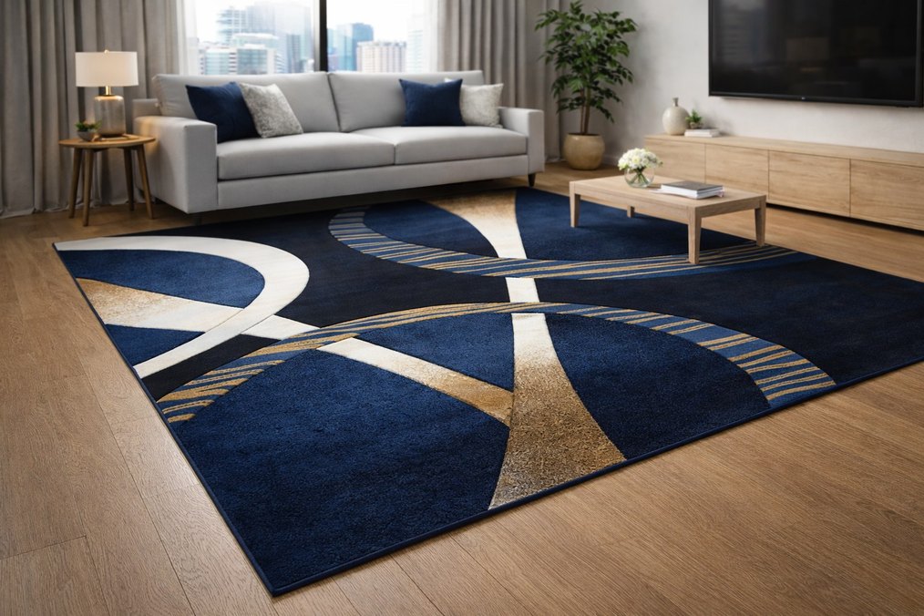 Soyut Desenli Koyu Mavi Modern Halı - Görsel 4