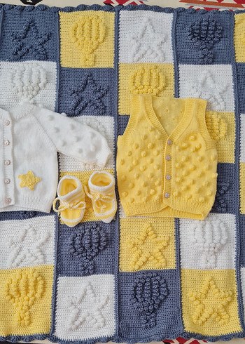 Sarı Örgü Bebek battaniye hırka Yelek Seti - Görsel 3
