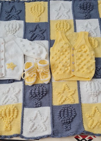Sarı Örgü Bebek battaniye hırka Yelek Seti - Görsel 2