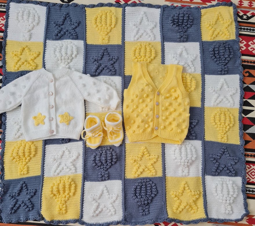 Sarı Örgü Bebek battaniye hırka Yelek Seti - Görsel 3