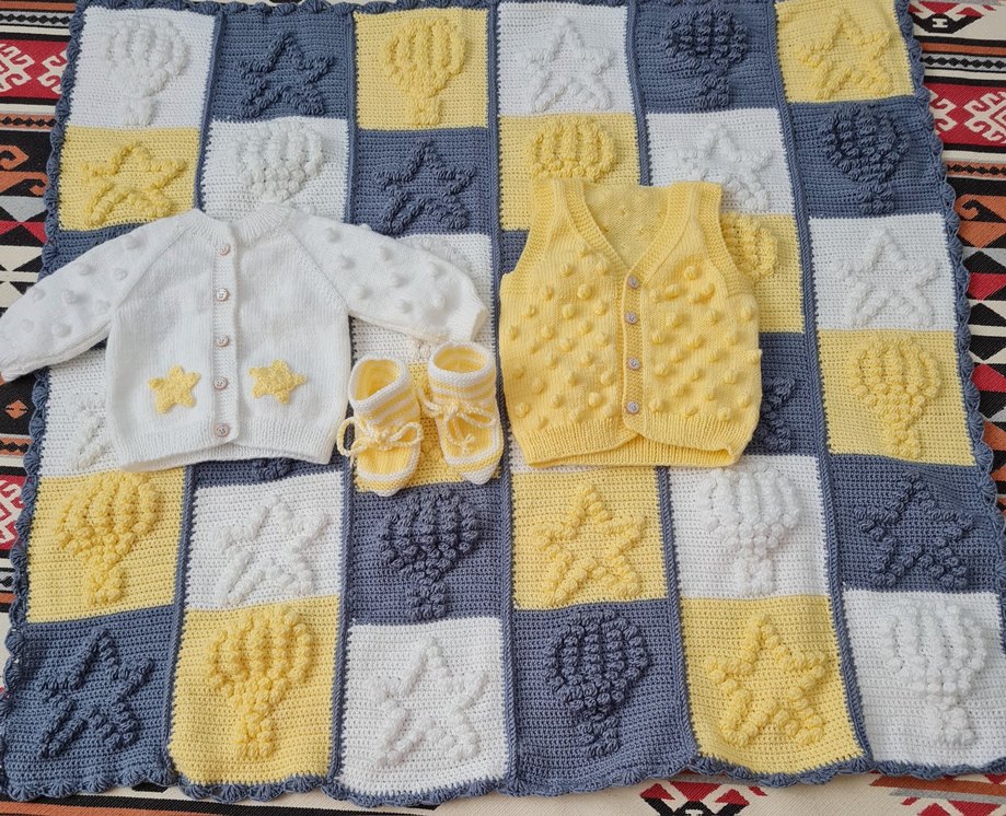 Sarı Örgü Bebek battaniye hırka Yelek Seti - Görsel 2