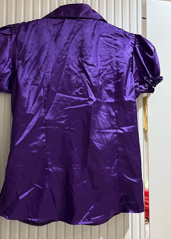 Parlak Mor Düğmeli Kadın Saten Gömlek - Görsel 4