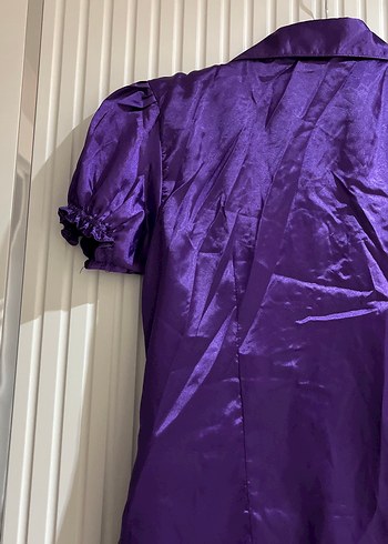 Parlak Mor Düğmeli Kadın Saten Gömlek - Görsel 5