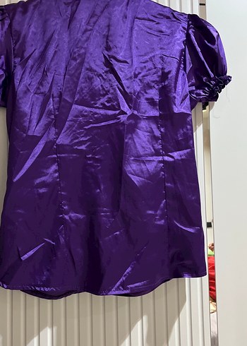 Parlak Mor Düğmeli Kadın Saten Gömlek - Görsel 6