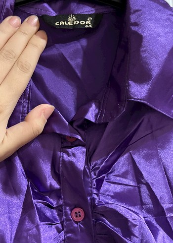 Parlak Mor Düğmeli Kadın Saten Gömlek - Görsel 2