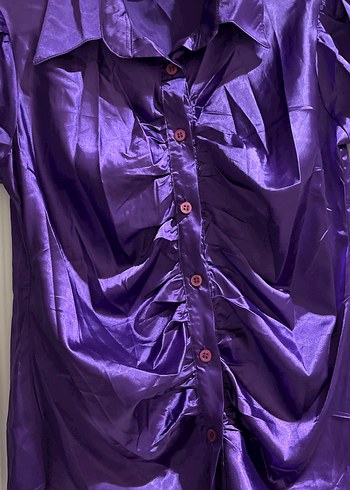 Parlak Mor Düğmeli Kadın Saten Gömlek - Görsel 3